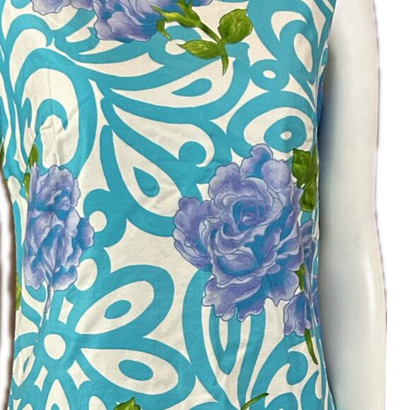 1960s Blue Swirl Floral Cotton Sleeveless Shift Dress Screen Printed / XS * - Picture 4 of 5